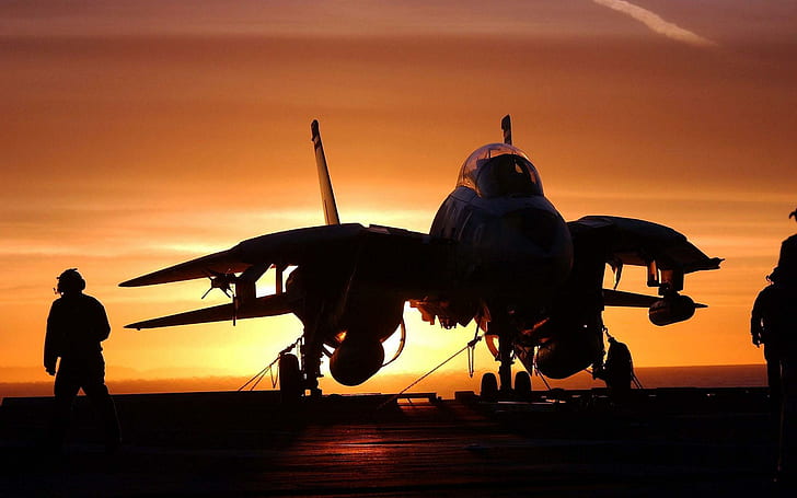 Kapal induk Sunset, siluet foto jet tempur, pesawat lain, matahari terbenam, pesawat, kapal induk, Wallpaper HD