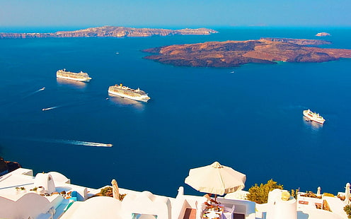 Santorini, Grèce, vue, mer, mer, océan, fond, bureau, grèce, panorama, santorin, bateaux, vue, Fond d'écran HD HD wallpaper