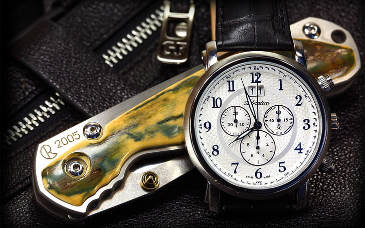 Pisau lipat dan arloji swiss, jam tangan chronograph hitam yang diikat dari kulit, Knife, Swiss, Watch, Wallpaper HD