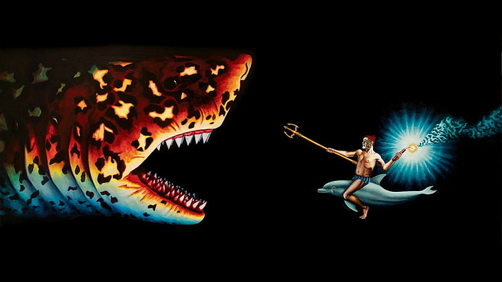 shark illustration, digital art, shark, dolphin, Neptune (god), The Life Aquatic with Steve Zissou, Wes Anderson, HD wallpaper