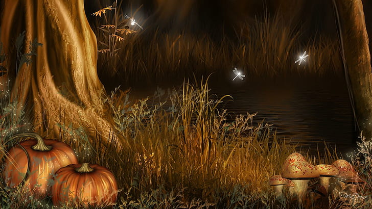Autumn Pumpkins, firefox persona, toadstools, mushrooms, dragonflies, fall, grass, pond, trees, forest, harves, autum, HD wallpaper