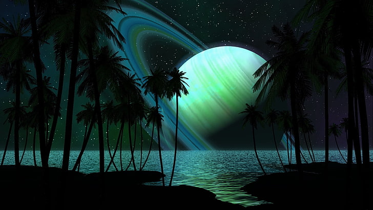 ilustracja okrągłej zielonej planety, saturn, planeta, palmy, niebo, światło, Tapety HD
