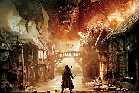 pintura emoldurada de madeira marrom de pessoas, O Hobbit: A Batalha dos Cinco Exércitos, dragão, Smaug, O Hobbit, HD papel de parede HD wallpaper