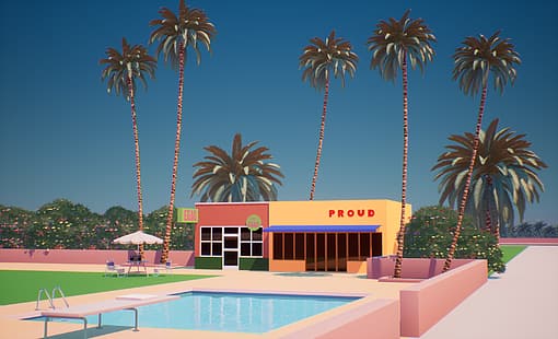 vaporwave, palme, render, piscina, arte digitale, Sfondo HD HD wallpaper