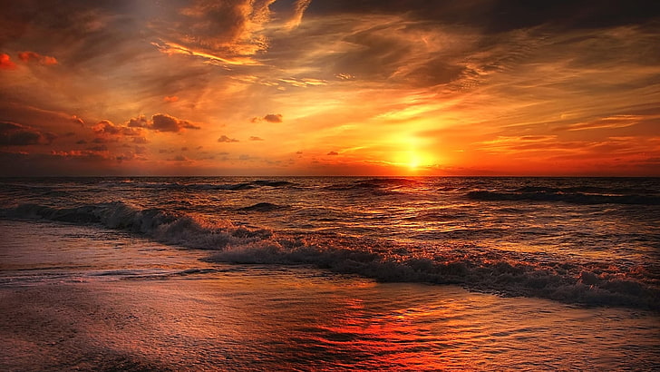 north sea, denmark, atmosphere, wave, shore, sun, red sky at morning, europe, ocean, sunrise, body of water, orange sky, sky, horizon, beach, sea, reddish, orange, HD wallpaper