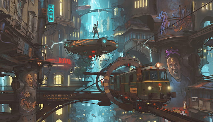 Sci Fi, Steampunk, City, Train, Vehicle, HD wallpaper