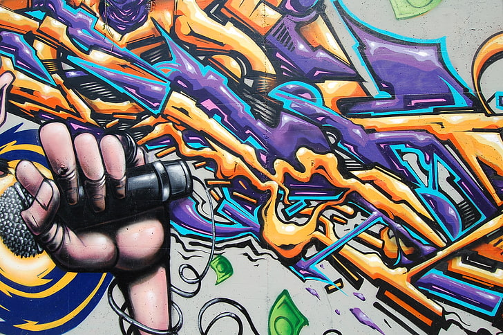 mano di persona con microfono, graffiti, arte di strada, mano, microfono, Sfondo HD