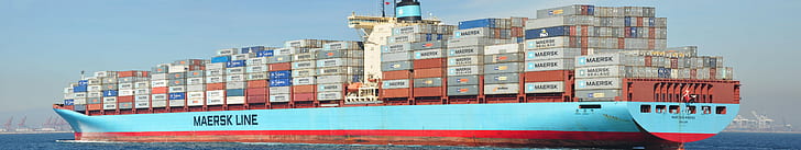 bleu, caisse, néerlandais, cargo, port, Maersk, Pays-Bas, panorama, rouge, mer, navire, véhicule, eau, Fond d'écran HD