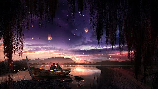 лодка, пара, звёзды, ночь, романтика, арт, HD обои HD wallpaper