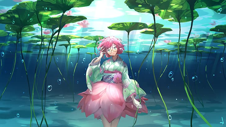 anime, anime girls, lotus flowers, water, original characters, Shijohane, HD wallpaper