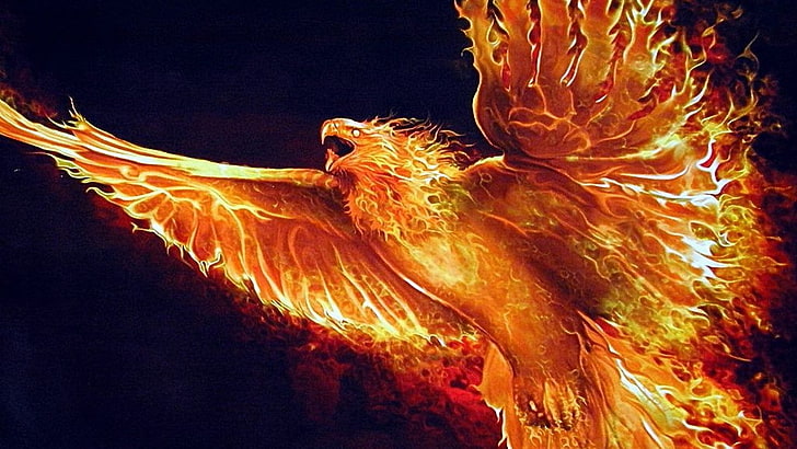 flame, mythology, wing, darkness, phoenix, fire, fantasy art, mythical creature, HD wallpaper