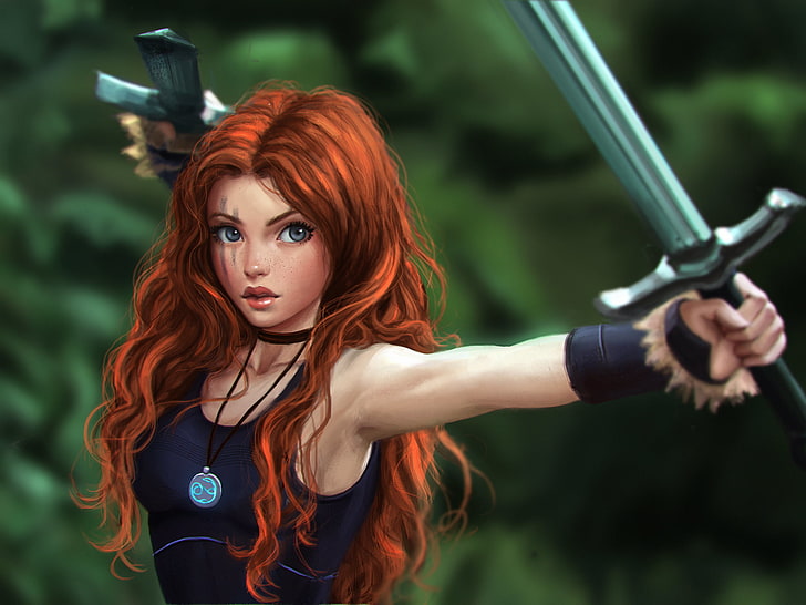 Chica pelirroja con ilustración de espada, arte de fantasía, celta, guerrero, pelirrojo, espada, personajes originales, Fondo de pantalla HD