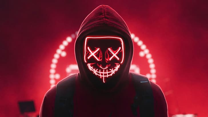 Czerwona maska ​​neonowa, sztuka cyfrowa, diody LED, czerwony, neon, maska, przerażające oczy, przerażające, Photoshop, światła, bez twarzy, kaptury, grafika, fotomontaż, Tapety HD
