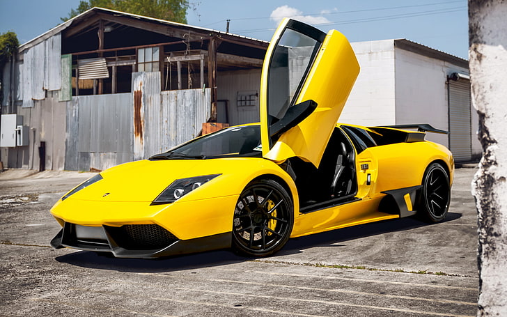 yellow coupe, yellow, supercar, Lamborghini Murcielago, Lamborghini, Parking space, HD wallpaper
