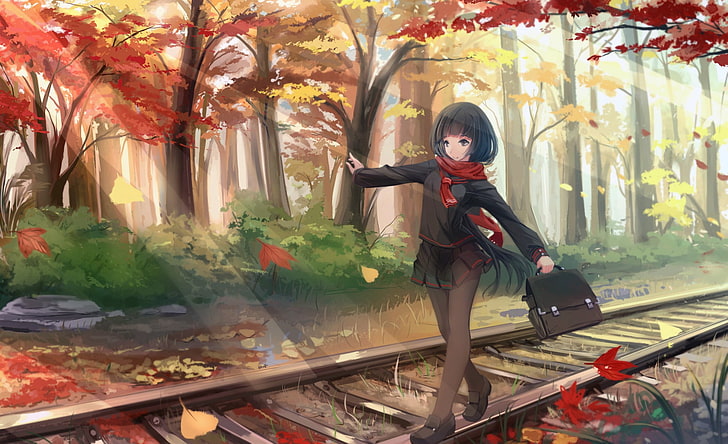 gadis berjalan di kereta api lukisan digital, gadis berjalan di sepanjang kereta api, gadis anime, karakter asli, musim gugur, rambut hitam, syal, daun, rambut panjang, pantyhose, seragam sekolah, kereta api, pohon, Wallpaper HD