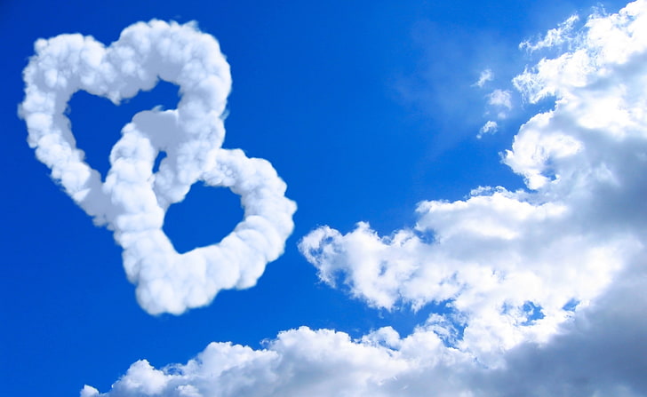 Hjärtformade moln, vit molnig himmel, kärlek, hjärta, moln, formad, HD tapet