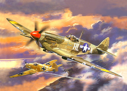 วอลล์เปเปอร์ดิจิตอลเครื่องบินเจ็ทสองเครื่องท้องฟ้าน้ำฝั่งรูปเรือเครื่องบินรบการต่อสู้ศิลปะอากาศอังกฤษเครื่องบินเรียงรายเยอรมัน WW2 Bf - 109E - 3 หาบเร่เฮอริเคน, วอลล์เปเปอร์ HD HD wallpaper