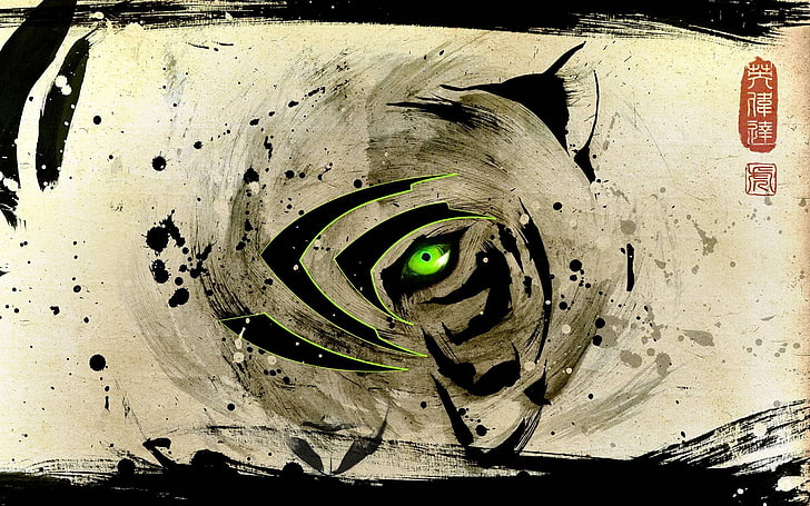 tiger eye artwork, abstract, tiger, Nvidia, video games, green, logo, HD wallpaper