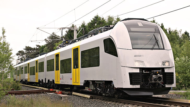silver and yellow train, tram, transport, railways, timber, HD wallpaper
