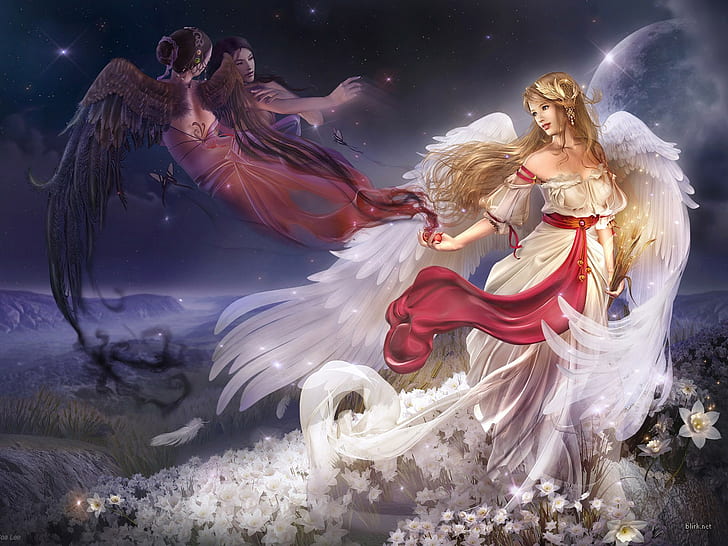 エンジェルHD、白い天使と暗い翼の天使の絵、ファンタジー、天使、 HDデスクトップの壁紙