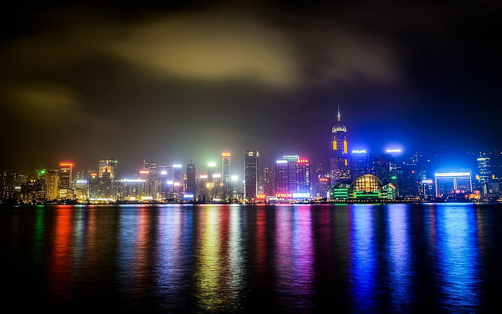 photography, urban, city, building, cityscape, night, lights, city lights, street light, water, sea, reflection, clouds, Hong Kong, HD wallpaper