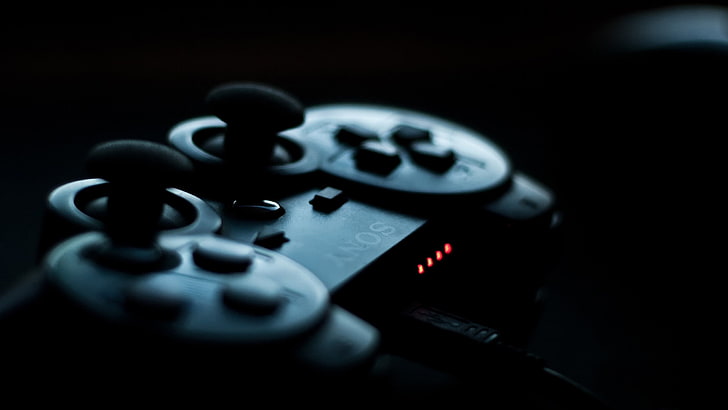 svart spelkontroll, PlayStation, PlayStation 3, videospel, styrenheter, Sony, svart, skärpedjup, teknik, blå, makro, HD tapet