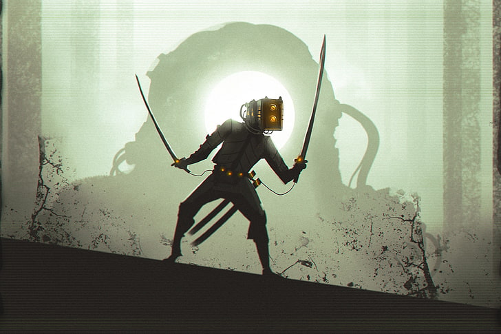 Person, die Schwertillustration, Cyberpunk, Katana, Unterwasseratemgerät hält, HD-Hintergrundbild