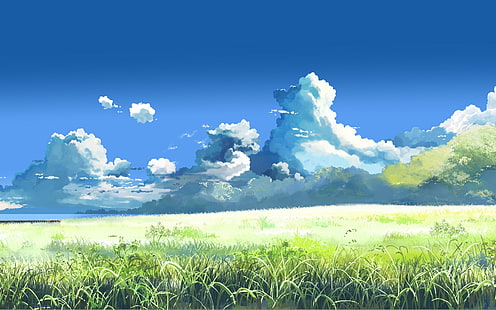 grünes Rasenfeld, Makoto Shinkai, 5 Zentimeter pro Sekunde, Feld, Wolken, Landschaft, Grafik, Anime, bunt, Himmel, HD-Hintergrundbild HD wallpaper