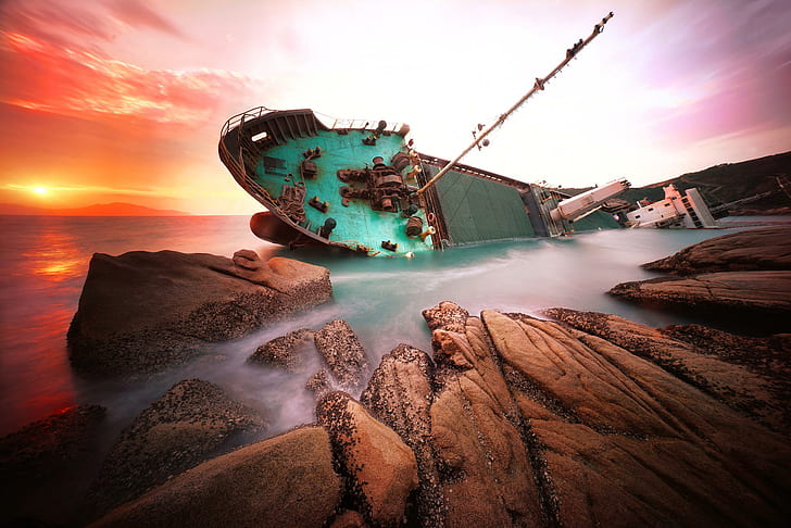mar, rocas, amanecer, barco, China, naufragio, hong kong, Fondo de pantalla HD
