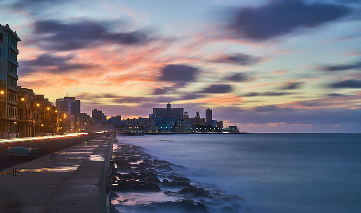 夜明け、ハバナ、ハバナ、ハバナ市、写真、夜明け、キューバ、ハバナの間に都市写真、 HDデスクトップの壁紙