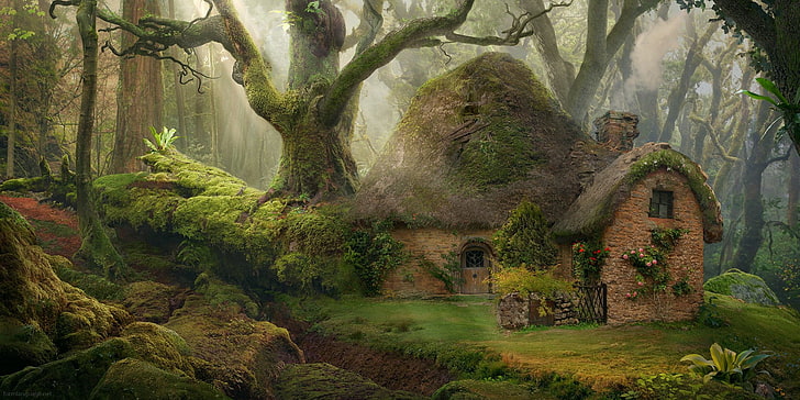 خيال، غابة، كوخ، أخضر، منزل، شجرة، خلفية HD