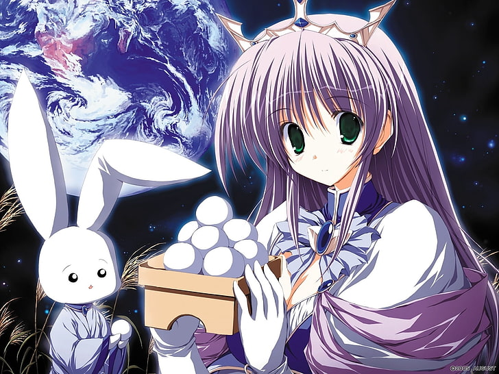purple haired female anime character wallpaper, brighter than the dawning blue, girl, eggs, rabbit, night, HD wallpaper