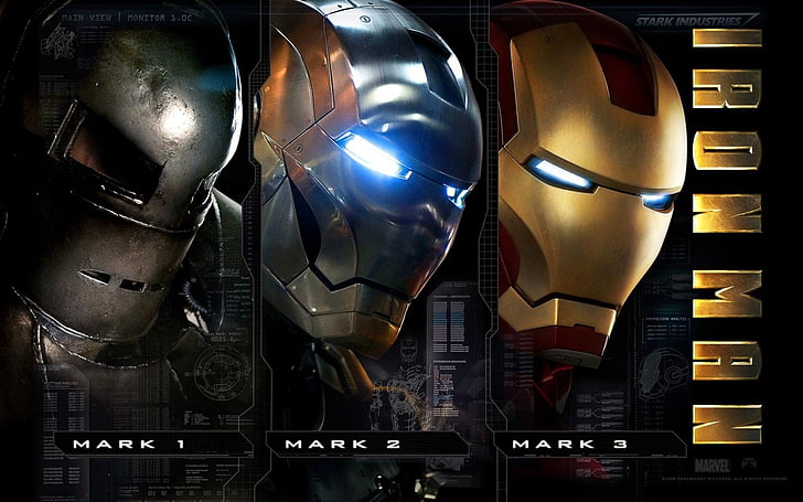 Iron Man Mark 1, 2 et 3, Iron Man, Marvel Comics, Film, Tony Stark, Fond d'écran HD