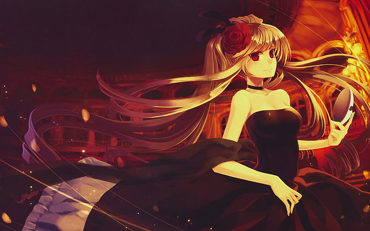 brown haired female anime illustration, girl, blonde, cute, dress, flower, HD wallpaper