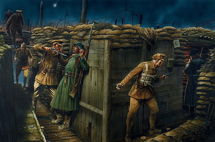 group of soldiers wallpaper, night, war, figure, pomegranate, art, soldiers, attack, facilities, revolver, automatic, British, German, WWI, defensive, Webley's, Fosbery, with a knife, HD wallpaper