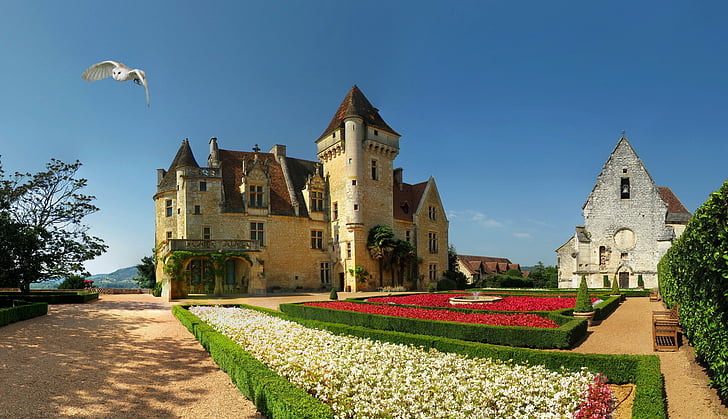 castle, chateau, des, france, landscape, milandes, parks, shrubs, HD wallpaper