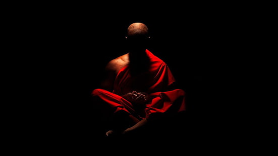 Schwarz, Rot, Dunkelheit, Schatten, Mönch, Schwarz und Rot, Entspannung, Harmonie, Buddhismus, Religion, Buddhist, Glaube, Meditation, HD-Hintergrundbild HD wallpaper