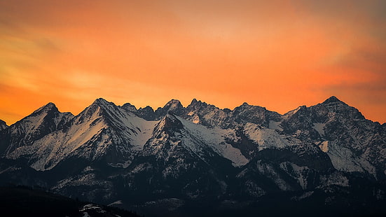 natura, paesaggio, montagne, cielo, nuvole, tramonto, montagna innevata, alberi, foresta, neve, Polonia, Monti Tatra, Sfondo HD HD wallpaper