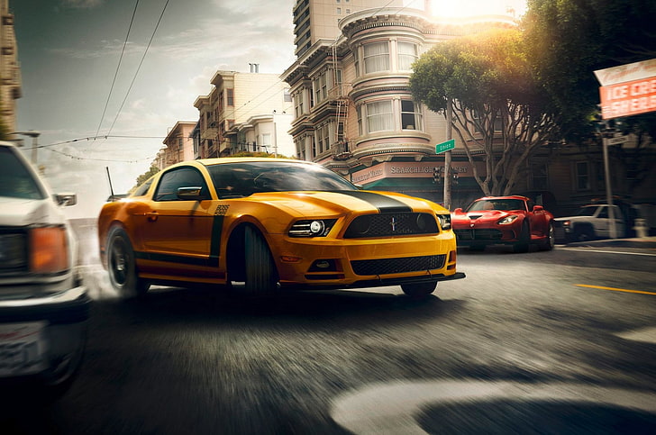 yellow and black coupe, Mustang, Ford, Muscle, Dodge, Red, Car, Viper, Speed, Front, Sun, Street, San Francisco, Yellow, 302, Boss, Drifting, HD wallpaper