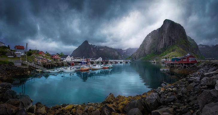 nature, photography, landscape, village, boat, mountains, sea, overcast, Lofoten Islands, Norway, HD wallpaper