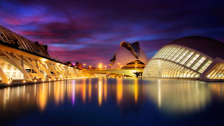 lighting, avant-garde architecture, hemisfèric, night time, europe, spain, valencia, dusk, evening, city, reflection, night, city of arts and sciences, structure, tourist attraction, architecture, water, cityscape, sky, landmark, HD wallpaper