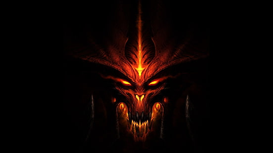Diablo III, dark, evil, Diablo, fantasy art, face, eyes, fire, video games, simple background, black background, demon, Diablo 2, Diablo 3: Reaper of Souls, Blizzard Entertainment, HD wallpaper HD wallpaper