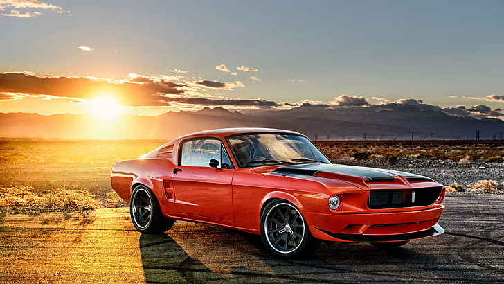 car, vehicle, ford mustang, ford, muscle car, classic car, sports car, sky, performance car, mustang, vintage car, retro, sun, fastback, 1968, red car, HD wallpaper