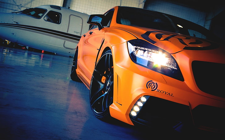 оранжевый седан, суперкар, апельсин, мерседес-бенц, самолет, оранжевые автомобили, мерседес клс, мерседес бенц AMG GT, HD обои