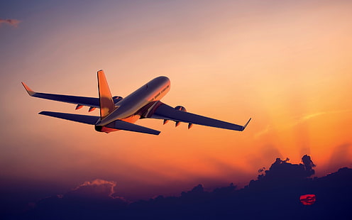 In Richtung Sonnenuntergang, weißes Flugzeug, Flugzeug, Flugzeug, Landschaft, HD-Hintergrundbild HD wallpaper