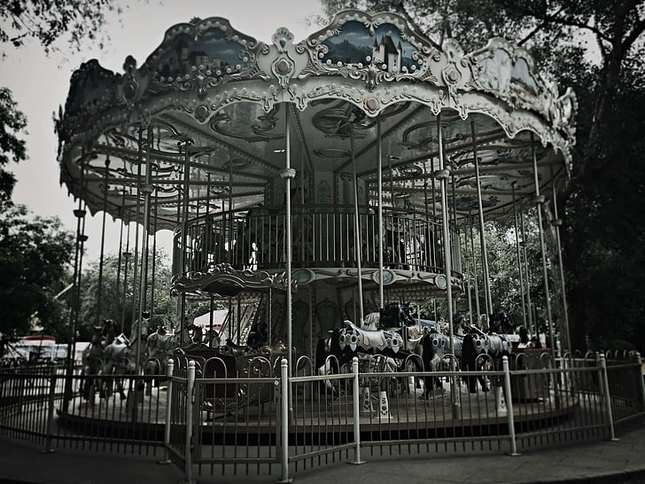 amusement park, carousel, dark, HD wallpaper