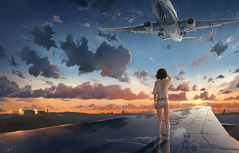 Аниме, оригинал, самолет, облак, момиче, отражение, къси панталони, небе, слънце, залез, HD тапет HD wallpaper