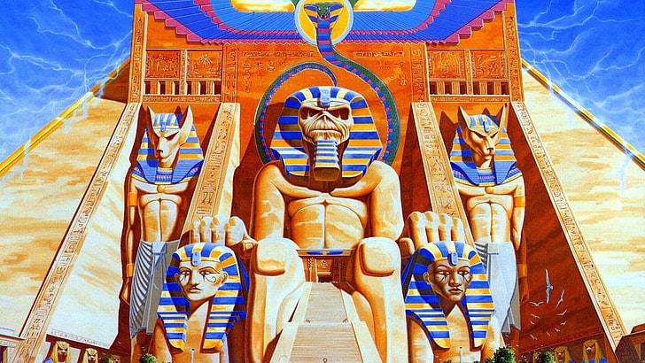 two Anubis statues, album covers, cover art, pyramid, Iron Maiden, music, Egypt, sphinx, artwork, band, musician, Eddie, HD wallpaper