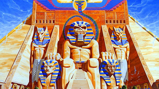 dos estatuas de Anubis, portadas de álbumes, portada, pirámide, Iron Maiden, música, Egipto, esfinge, obras de arte, banda, músico, Eddie, Fondo de pantalla HD HD wallpaper