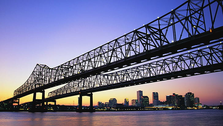 Сумерки на двойных мостах в Новом Орлеане, сумерки, река, мосты, город, природа и пейзажи, HD обои